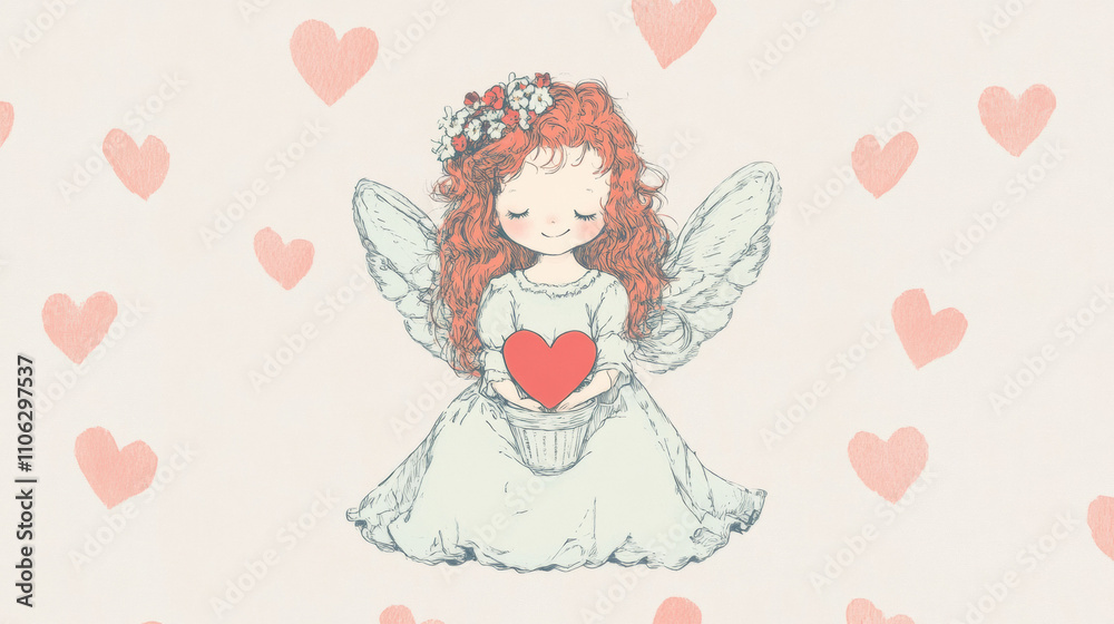 A cute angel with red hair holds a heart, surrounded by pink hearts on a soft background, AI A cute angel with red hair holds a heart, surrounded by pink hearts on a soft background, AI