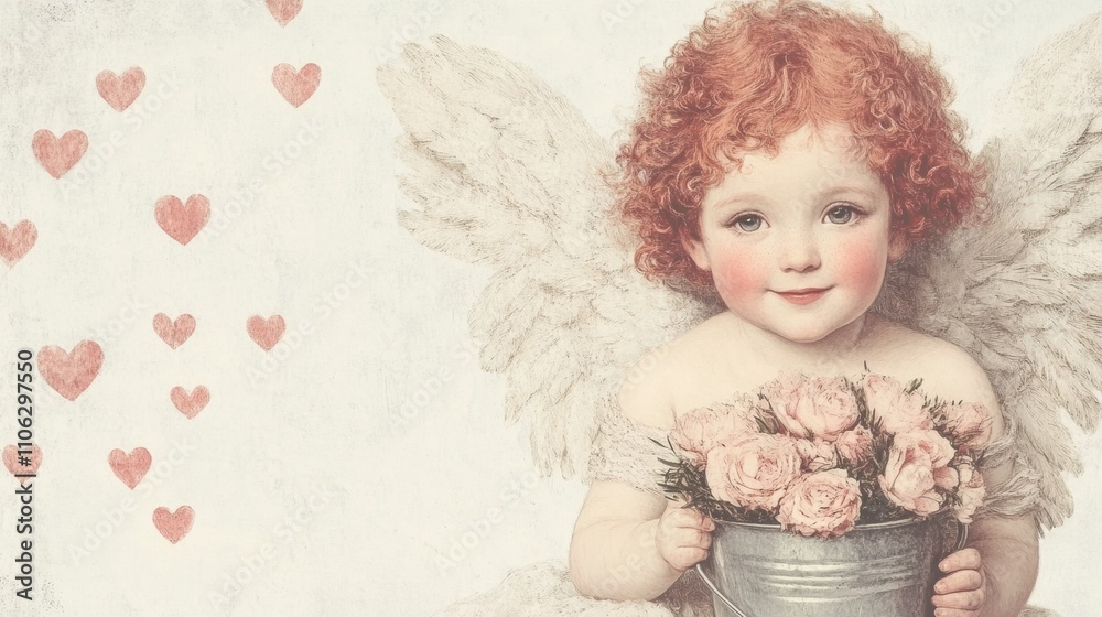 Fototapeta premium A cherubic figure with curly red hair holds a bucket of pink roses, surrounded by hearts, AI