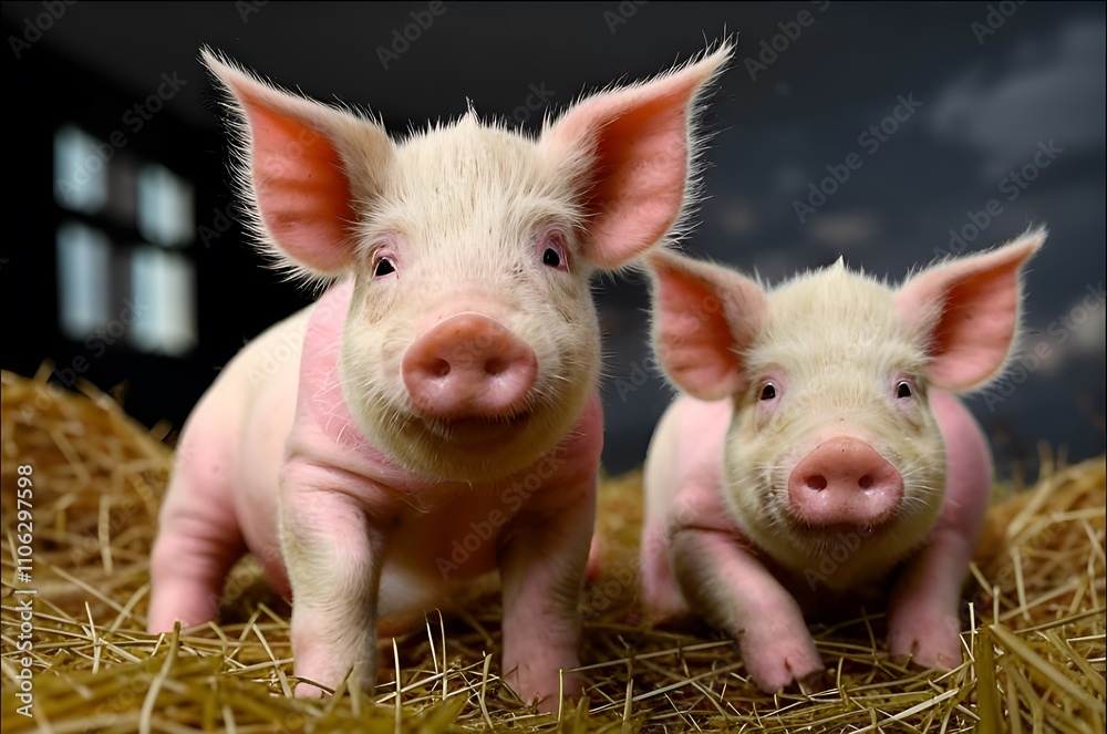 Adorable Baby Piglets Together in Cozy Hay Nest Against Dark Background Adorable Baby Piglets Together in Cozy Hay Nest Against Dark Background