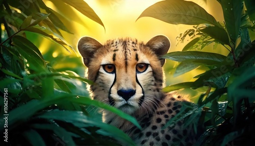  cinematic filter Cute cheetah peeking out from behind large leaves in the jungle, hyperreal