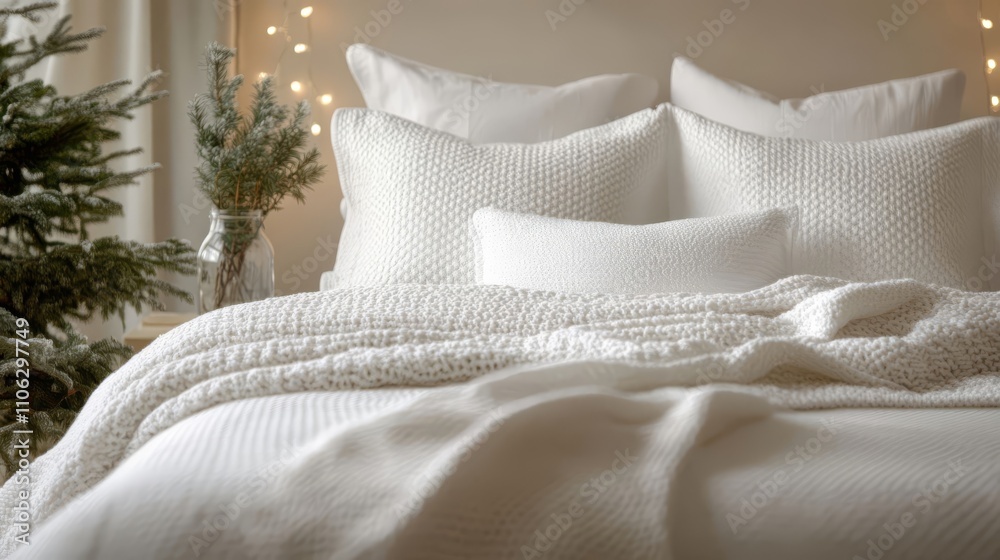 Cozy white bedding with pillows. Cozy white bedding with pillows.