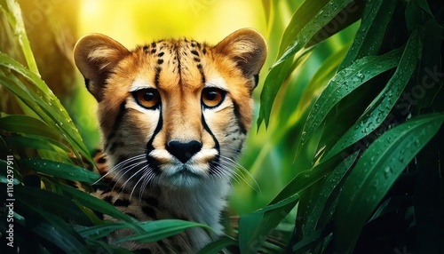  cinematic filter Cute cheetah peeking out from behind large leaves in the jungle, hyperreal