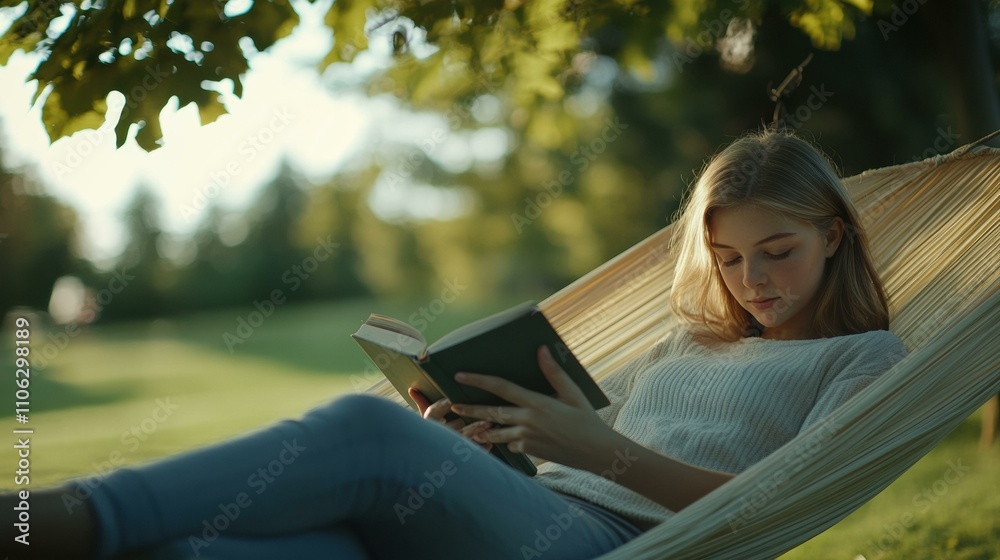 Naklejka premium Relaxing with a book in a hammock. AI.
