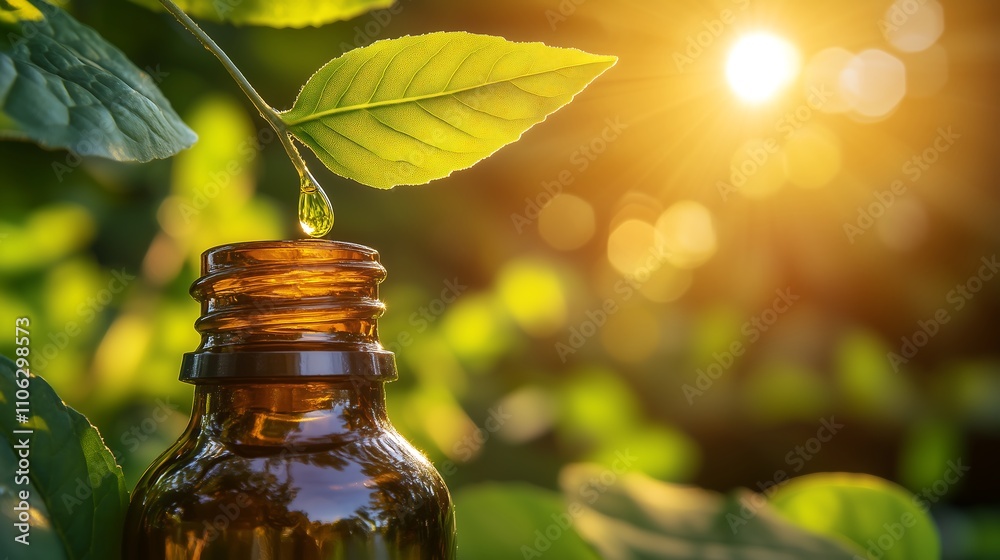 Herbal extract in a brown bottle with a drop of water from a leaf,葉からの水滴が入った茶色の瓶のハーブ抽出物.Generative AI