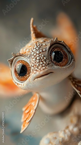 Adorable creature with large eyes and textured skin gazes curiously, AI photo