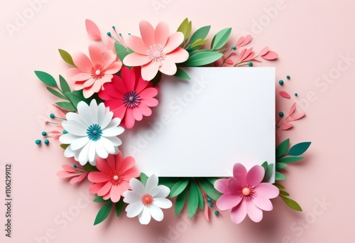 Ein weißer leerer Rahmen, umgeben von rosa und weißen Blumen sowie grünen Blättern, auf einem zarten rosa Hintergrund. Ideal für Grußkarten. Generative KI.