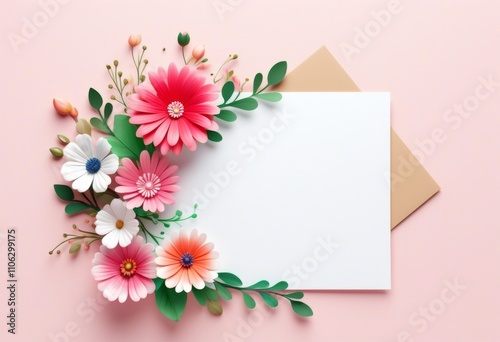 Ein weißer leerer Rahmen, umgeben von rosa und weißen Blumen sowie grünen Blättern, auf einem zarten rosa Hintergrund. Ideal für Grußkarten. Generative KI.