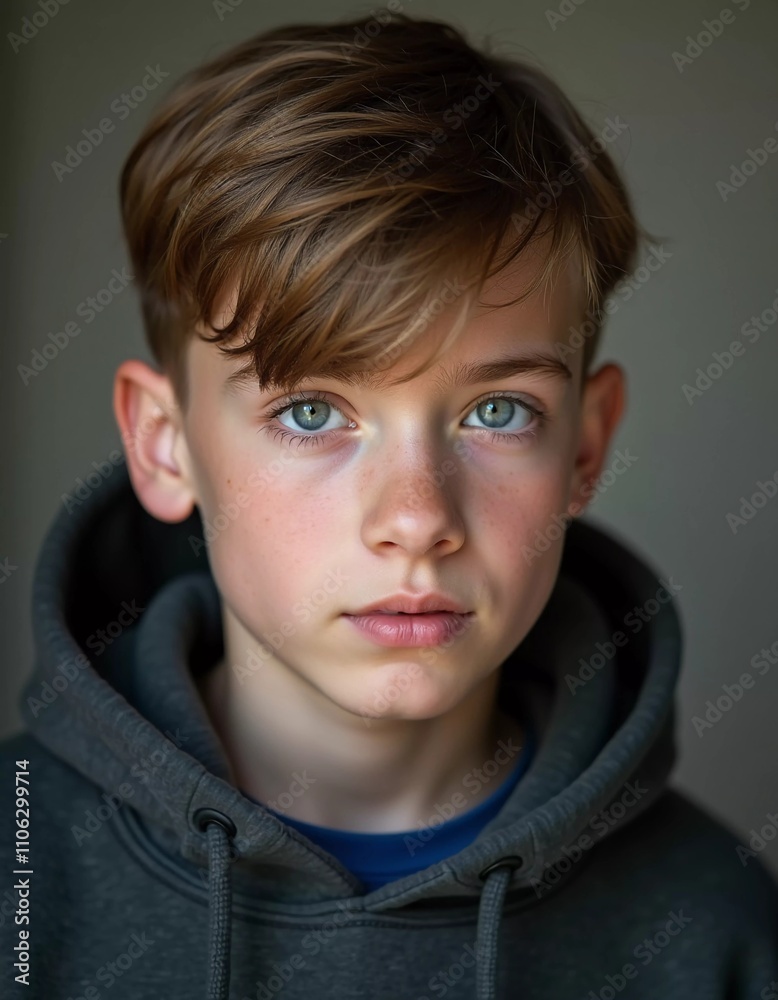 A young boy from Russia gazes directly at the viewer with captivating grey eyes. His tousled hair frames his face, and he wears a cozy dark hoodie. Rosy cheeks, piercing serious look. Generative AI. A young boy from Russia gazes directly at the viewer with captivating grey eyes. His tousled hair frames his face, and he wears a cozy dark hoodie. Rosy cheeks, piercing serious look. Generative AI.