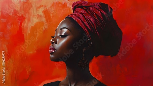 Serene portrait of a Black woman in a red headwrap against a vibrant orange background.