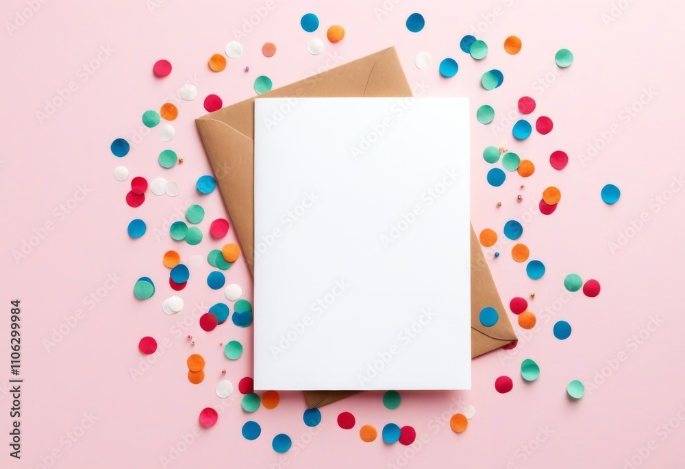 Ein fröhliches Design mit einer weißen Karte und braunem Umschlag, umgeben von buntem Konfetti auf rosa Hintergrund. Perfekt als Mockup für Geburtstags- oder Grußkarten zum Gratulieren. Generative KI. Ein fröhliches Design mit einer weißen Karte und braunem Umschlag, umgeben von buntem Konfetti auf rosa Hintergrund. Perfekt als Mockup für Geburtstags- oder Grußkarten zum Gratulieren. Generative KI.