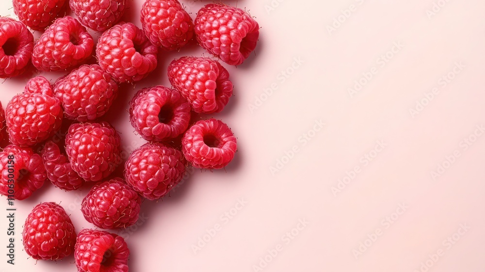 A corner of a pale pink background with juicy raspberries, focusing on their vibrant texture and fiber content, with plenty of space for text. A corner of a pale pink background with juicy raspberries, focusing on their vibrant texture and fiber content, with plenty of space for text.