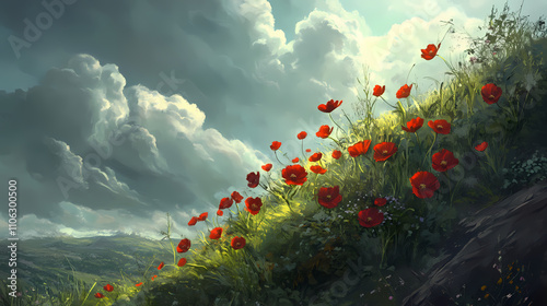 A few red blossoms resting on a verdant meadow beneath a cloudy sky. Verdant. Illustration