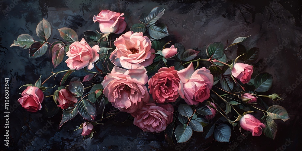 Beautiful bouquet of pink roses, flowers on a dark background, soft and romantic vintage filter, looking like an old painting Beautiful bouquet of pink roses, flowers on a dark background, soft and romantic vintage filter, looking like an old painting