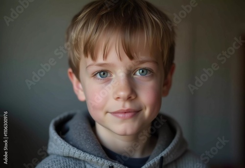 A young boy from Russia gazes directly at the viewer with captivating grey eyes. His tousled hair frames his face, and he wears a cozy dark hoodie. Rosy cheeks, piercing serious look. Generative AI.