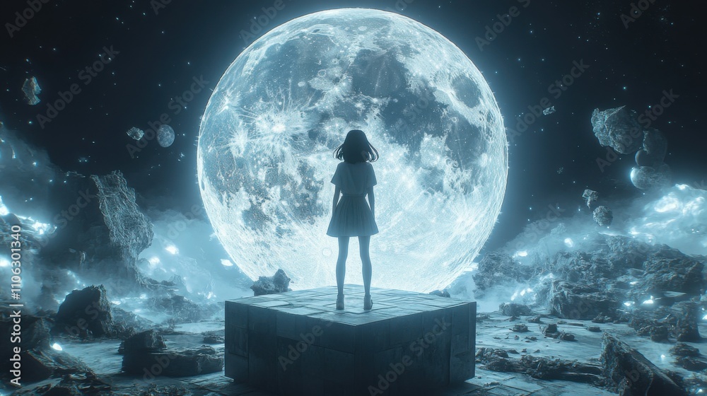 Anime girl standing on a platform looking at a giant moon Anime girl standing on a platform looking at a giant moon
