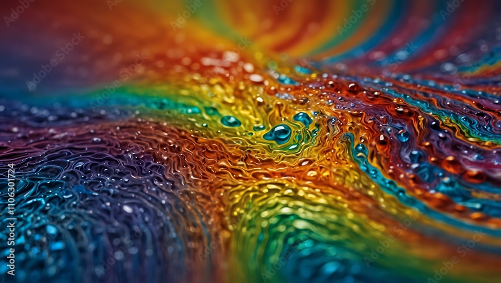 Obraz premium Liquid crystals morphing into rainbow-colored waves over glass.