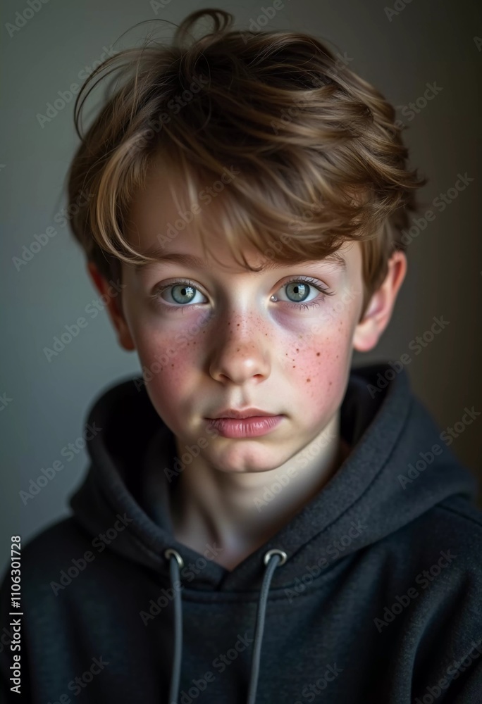A young boy from Russia gazes directly at the viewer with captivating grey eyes. His tousled hair frames his face, and he wears a cozy dark hoodie. Rosy cheeks, piercing serious look. Generative AI A young boy from Russia gazes directly at the viewer with captivating grey eyes. His tousled hair frames his face, and he wears a cozy dark hoodie. Rosy cheeks, piercing serious look. Generative AI