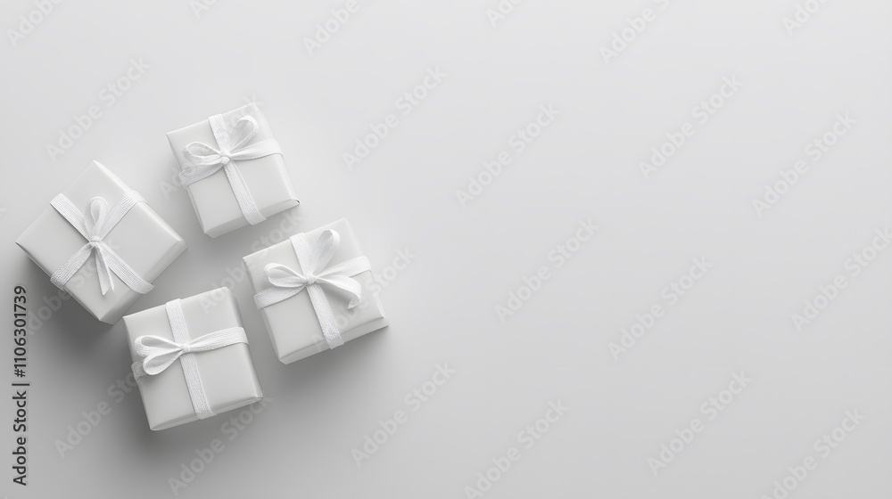 A white background with three Christmas gifts on the left side, in a minimalist style, simple and clean A white background with three Christmas gifts on the left side, in a minimalist style, simple and clean