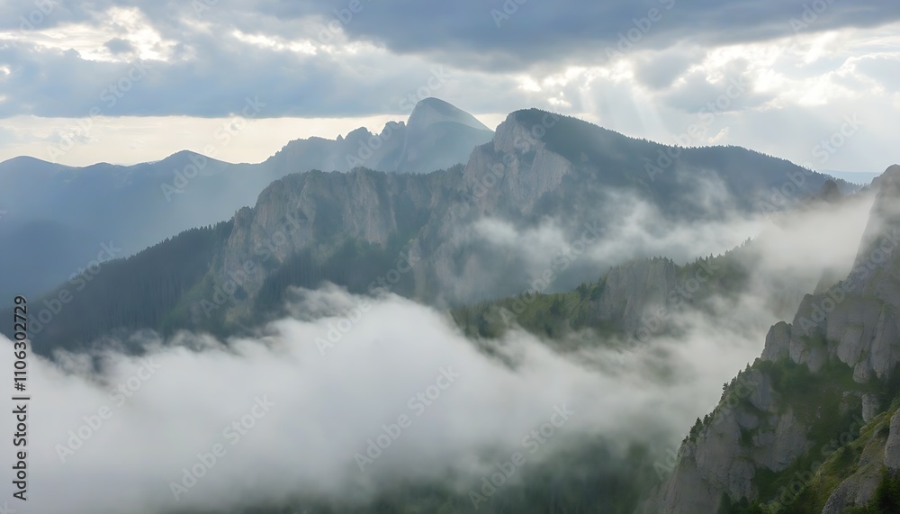 Spectacle of mountains with clouds and mist swirling around peaks. Spectacle of mountains with clouds and mist swirling around peaks.