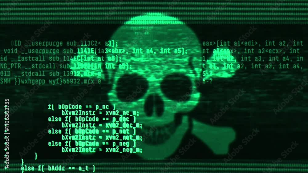 Abstract digital glitch effect with skull. Noise looped background for hacked mobile phone screen. Error signal loop. Virus code and software hack concept. Cyber security