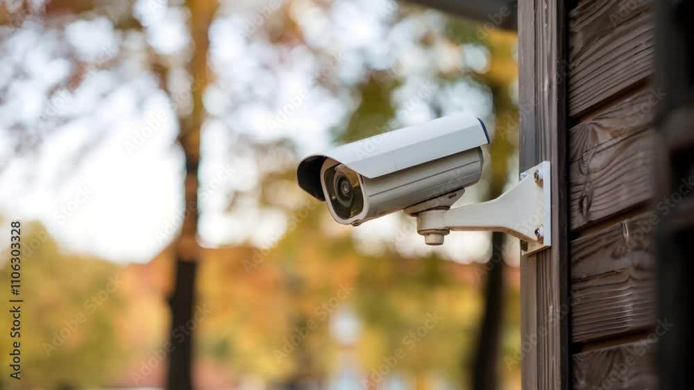 Surveillance camera mounted on wooden wall in autumn park capturing changing leaves at sunset Surveillance camera mounted on wooden wall in autumn park capturing changing leaves at sunset