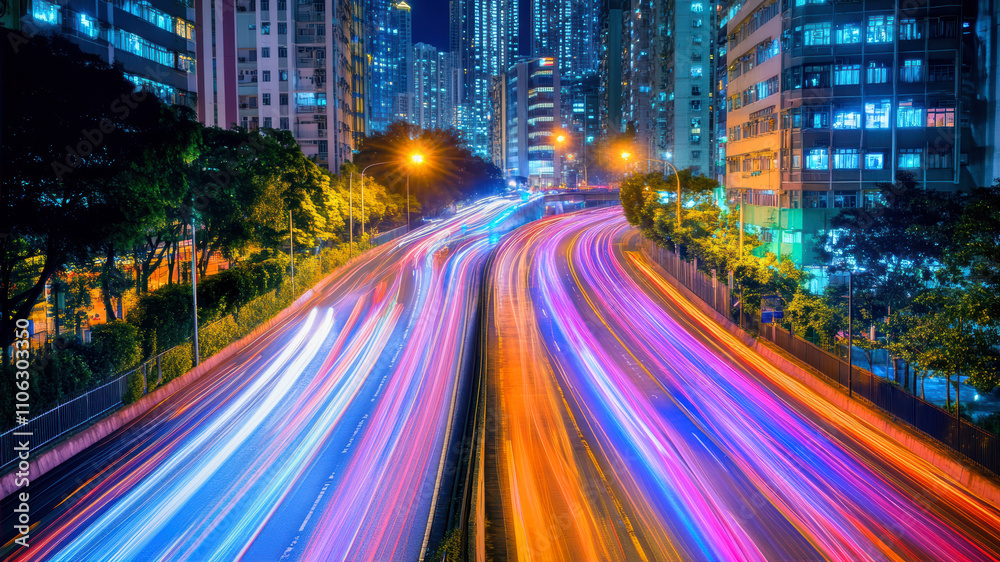Vibrant Light Trails Illuminate a Bustling Highway in an Urban Landscape During Nighttime Vibrant Light Trails Illuminate a Bustling Highway in an Urban Landscape During Nighttime
