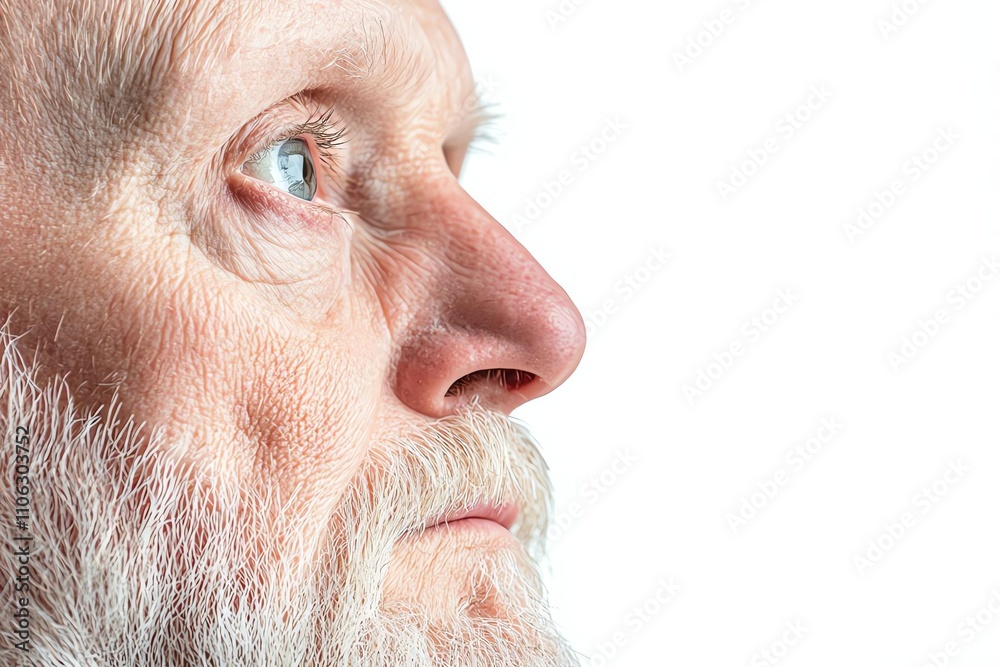 Fototapeta premium A close-up profile of an elderly man with a thoughtful expression, showcasing his wrinkles and beard against a plain white background, symbolizing wisdom and experience.