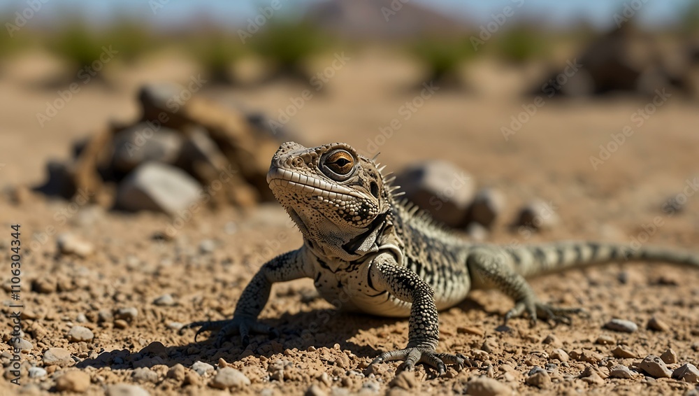 Obraz premium Lizard with a beetle on its head, in a desert landscape.