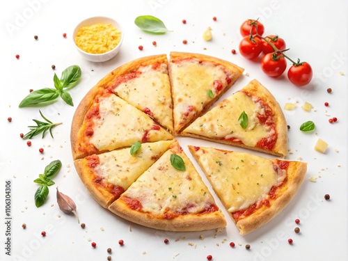 Margherita pizza with fresh basil and melted cheese on a white background