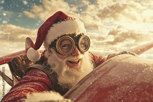Santa Claus wearing aviator goggles, piloting a gingerbread plane in a cloudy candy sky, excited expression, whimsical lighting, close-up shot 1