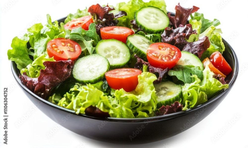 A bowl of fresh salad with mixed greens, tomatoes, and cucumbers, on a white background A bowl of fresh salad with mixed greens, tomatoes, and cucumbers, on a white background
