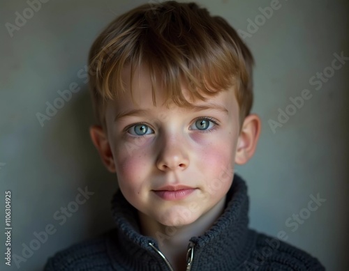 A young boy from Russia gazes directly at the viewer with captivating grey eyes. His tousled hair frames his face, and he wears a cozy dark hoodie. Rosy cheeks, piercing serious look. Generative AI