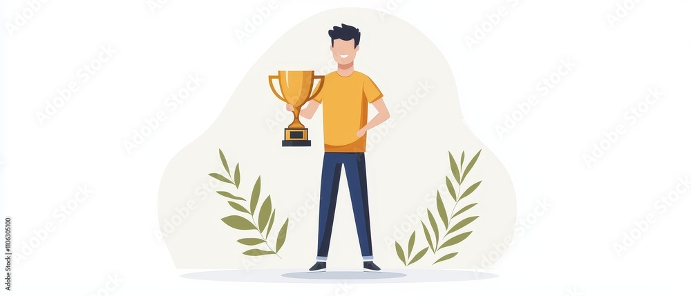 Happy Young Man Holding Trophy Celebrating Achievement and Success Happy Young Man Holding Trophy Celebrating Achievement and Success