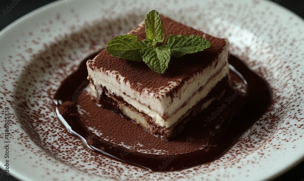 A classic tiramisu slice dusted with cocoa and garnished with mint leaves A classic tiramisu slice dusted with cocoa and garnished with mint leaves