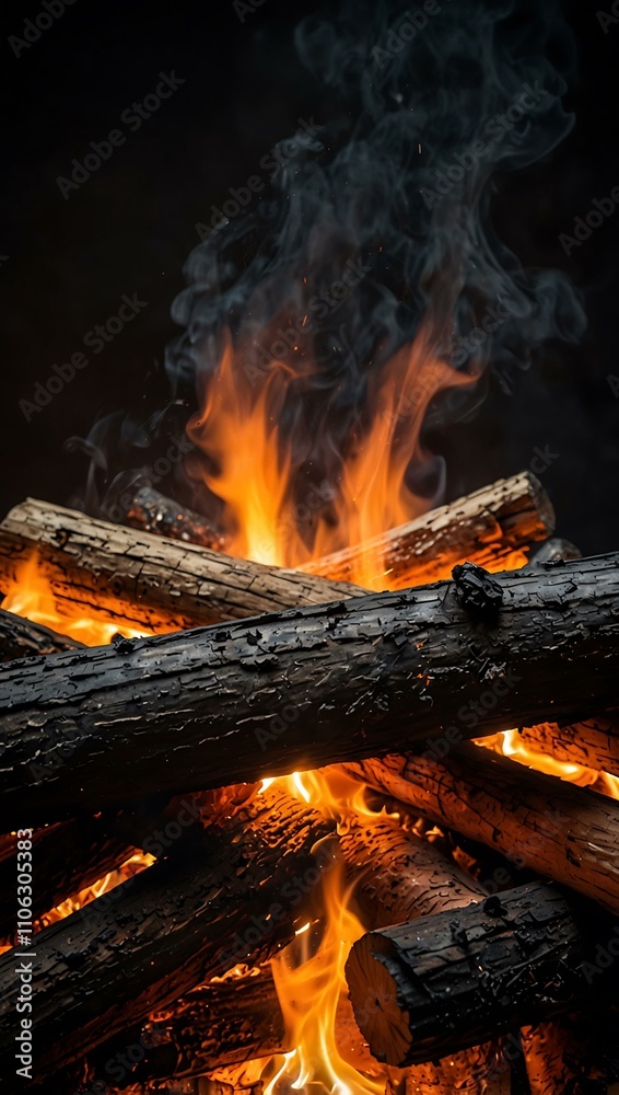 Naklejka premium Log burning with intense orange flames in dark smoky surroundings.
