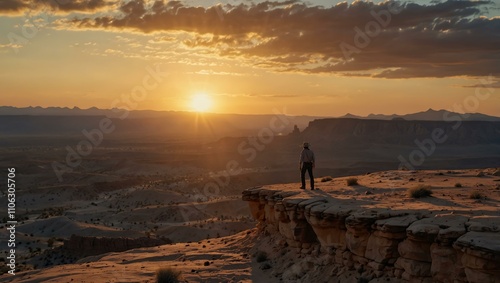 Lone cowboy standing on a cliff over a desert at sunset.