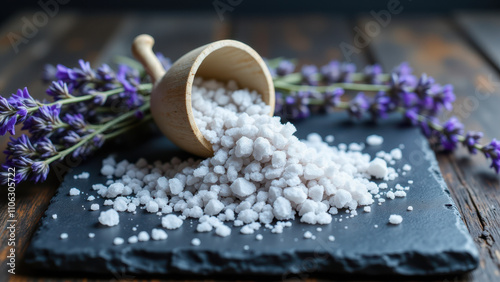 Celtic sea salt being poured from a wooden spoon onto a gray slate slab.