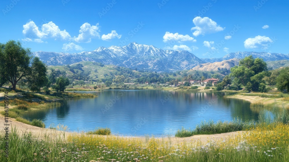Serene lake nestled in a picturesque valley with snow-capped mountains in the background. Serene lake nestled in a picturesque valley with snow-capped mountains in the background.