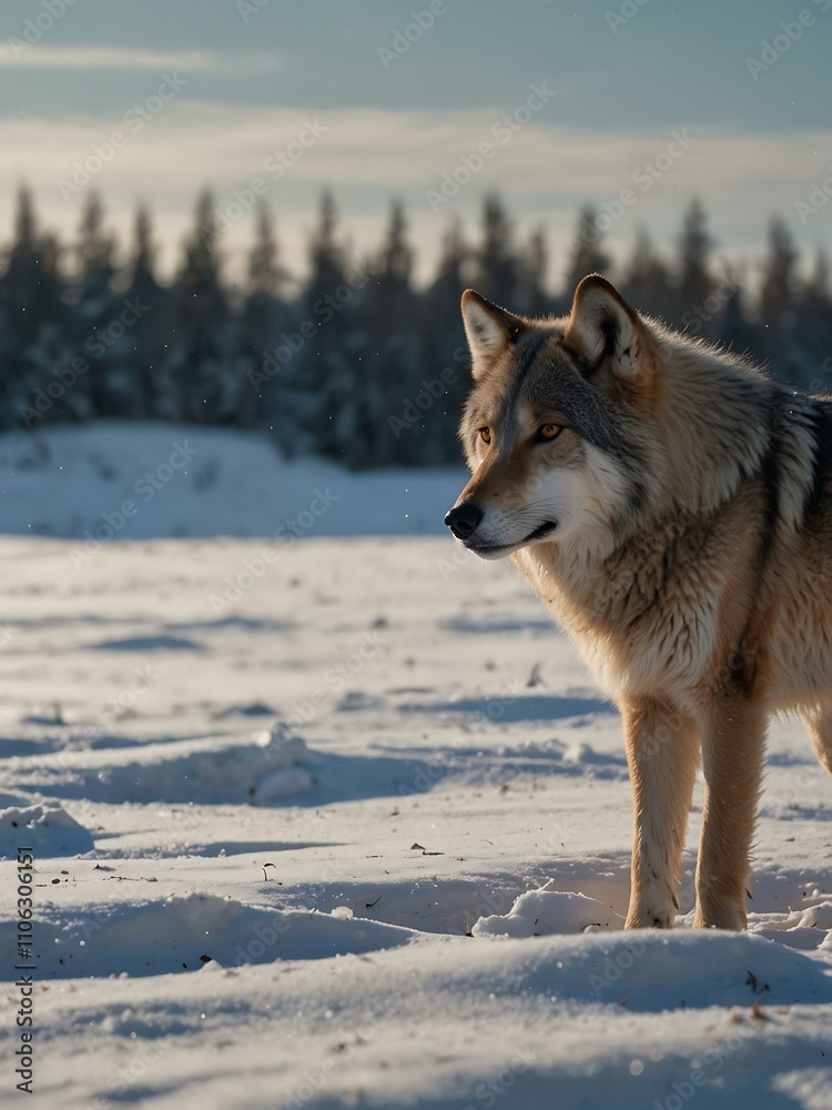 Fototapeta premium Lone wolf in a snowy winter landscape.