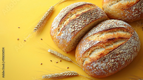 Bäckereiprodukte mit Weizen auf einem goldenen Hintergrund photo