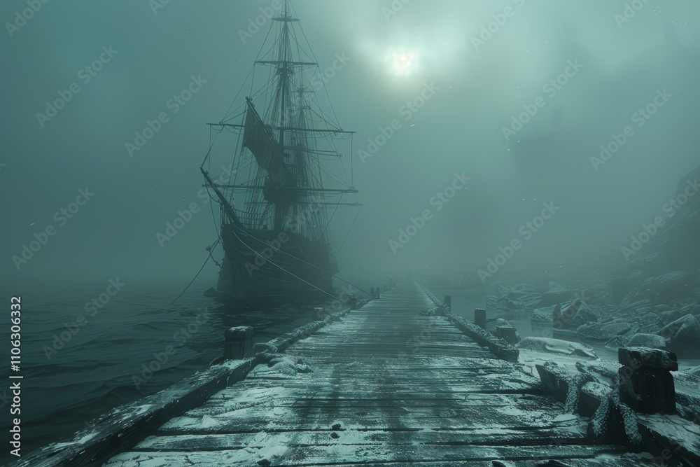 Fog-covered lake with ghostly ship and torn sails on distant dock