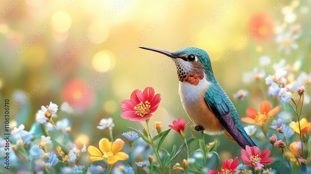 Naklejka premium Vibrant Hummingbird Among Colorful Blossoms in a Lush Garden