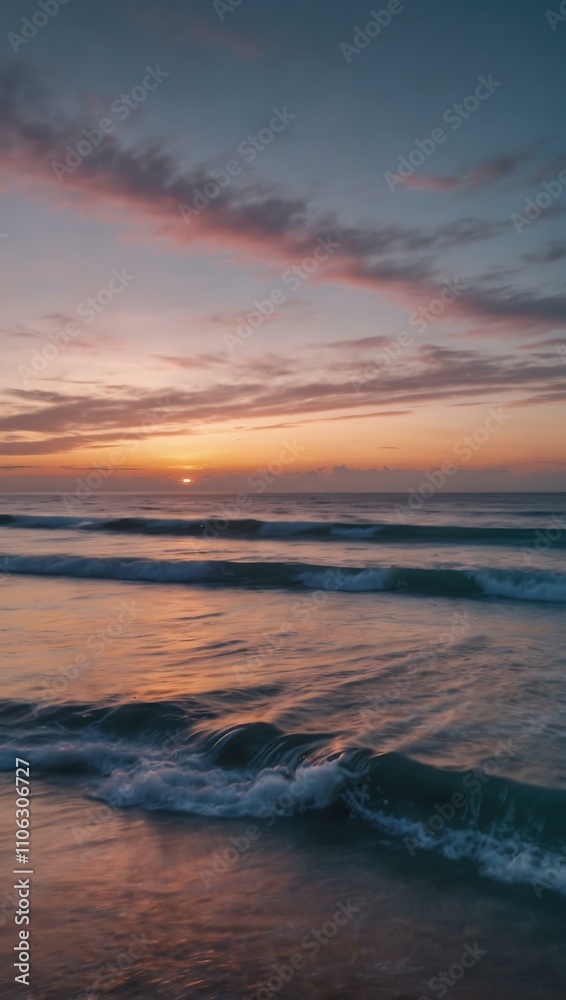 Fototapeta premium Long exposure of ocean at sunset with soft pink, white, and blue hues.