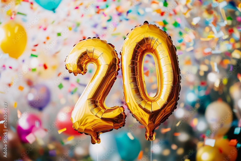 Golden helium balloon number 20 at the center of a colorful party Golden helium balloon number 20 at the center of a colorful party