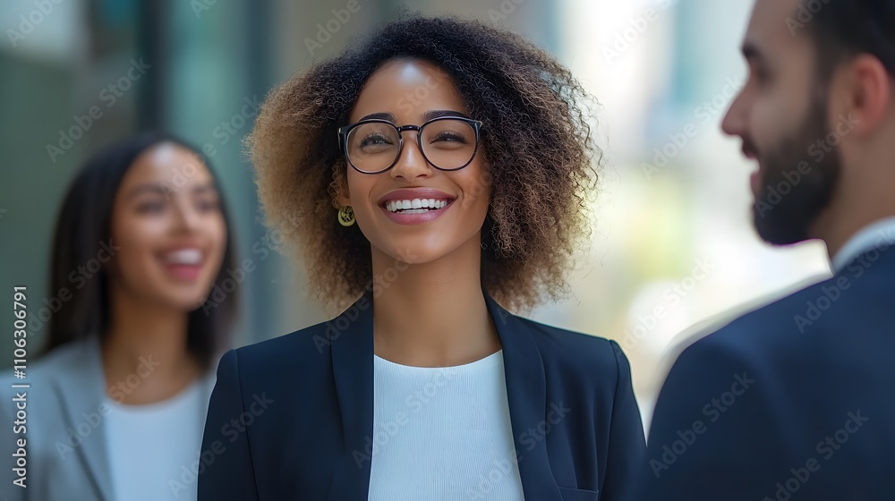 Happy businesswoman conversing with colleagues. Happy businesswoman conversing with colleagues.