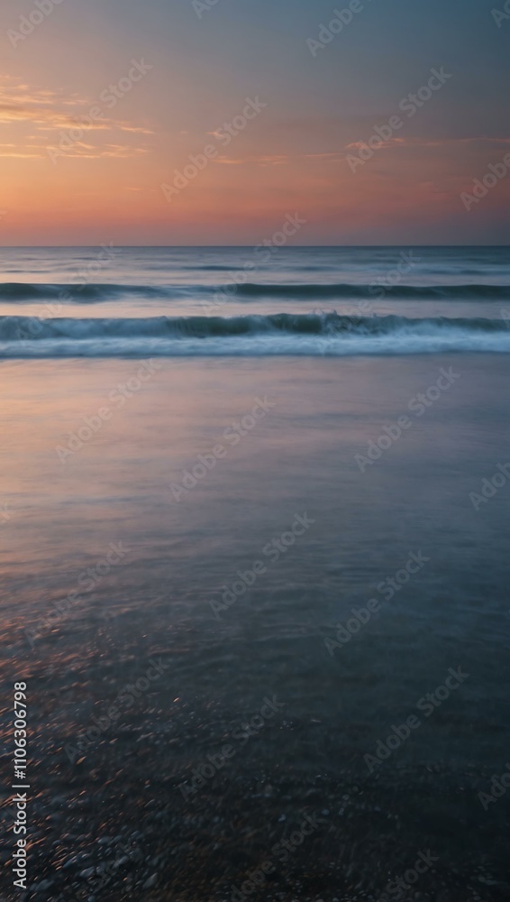 Obraz premium Long exposure of ocean at sunset with soft pink, white, and blue hues.