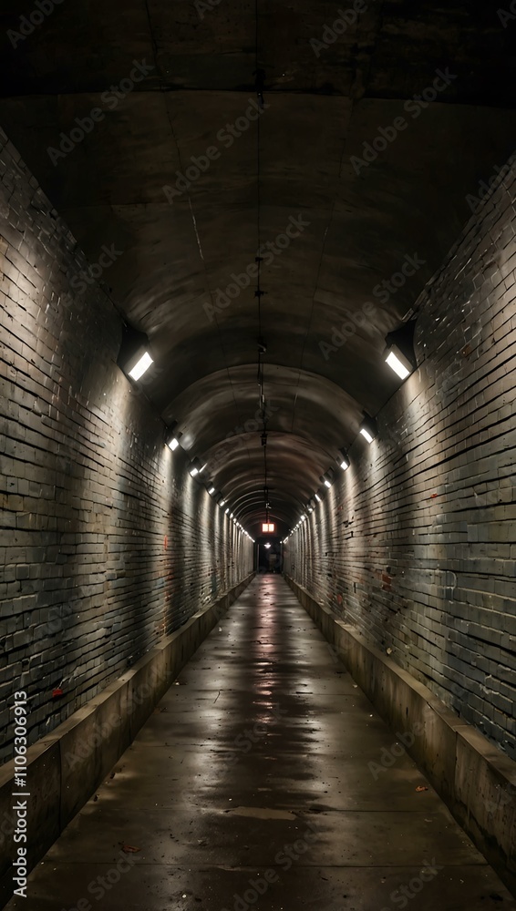 Fototapeta premium Long pedestrian tunnel in an urban setting.