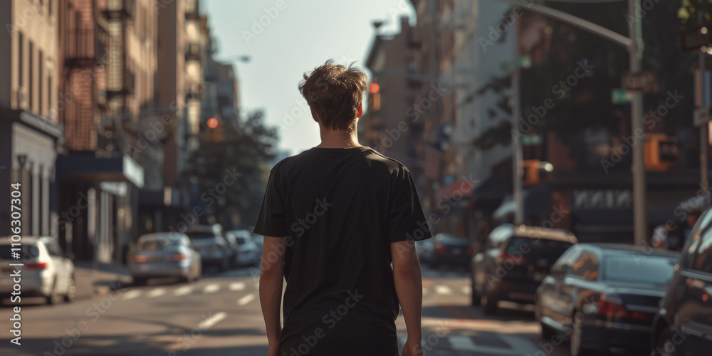 young man in a black T-shirt on the street mock-up Generative AI young man in a black T-shirt on the street mock-up Generative AI
