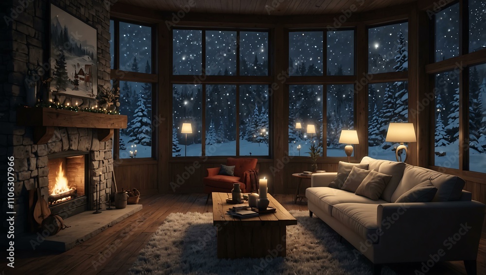 Looping animation of a cozy living room becoming a winter wonderland. Looping animation of a cozy living room becoming a winter wonderland.
