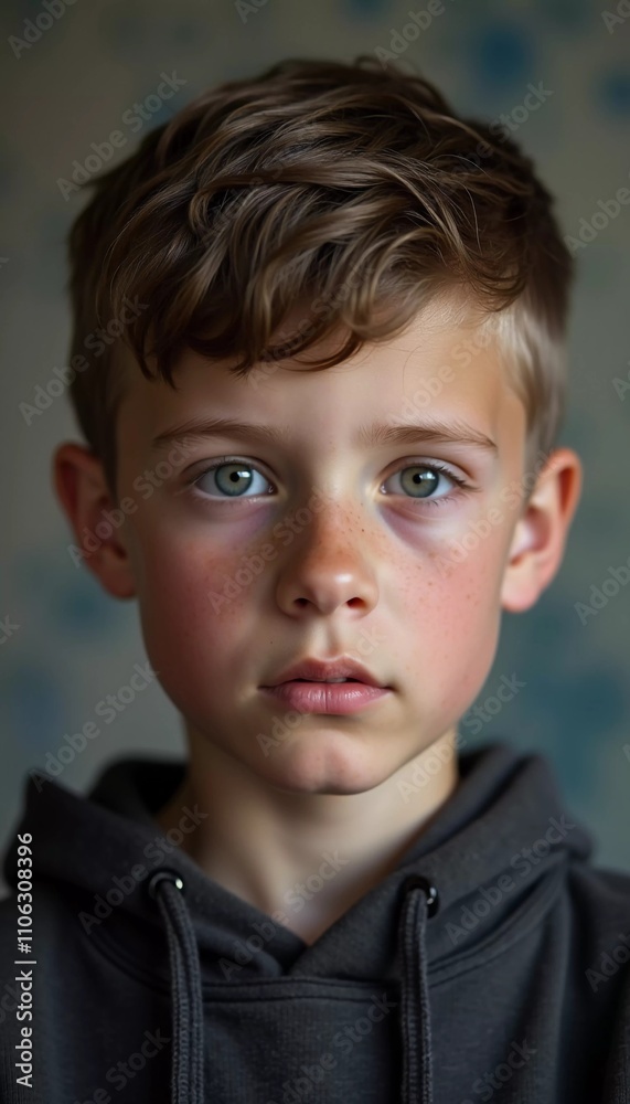 A young boy from Russia gazes directly at the viewer with captivating grey eyes. His tousled hair frames his face, and he wears a cozy casual clothes. Rosy cheeks, piercing serious look. Generative AI A young boy from Russia gazes directly at the viewer with captivating grey eyes. His tousled hair frames his face, and he wears a cozy casual clothes. Rosy cheeks, piercing serious look. Generative AI